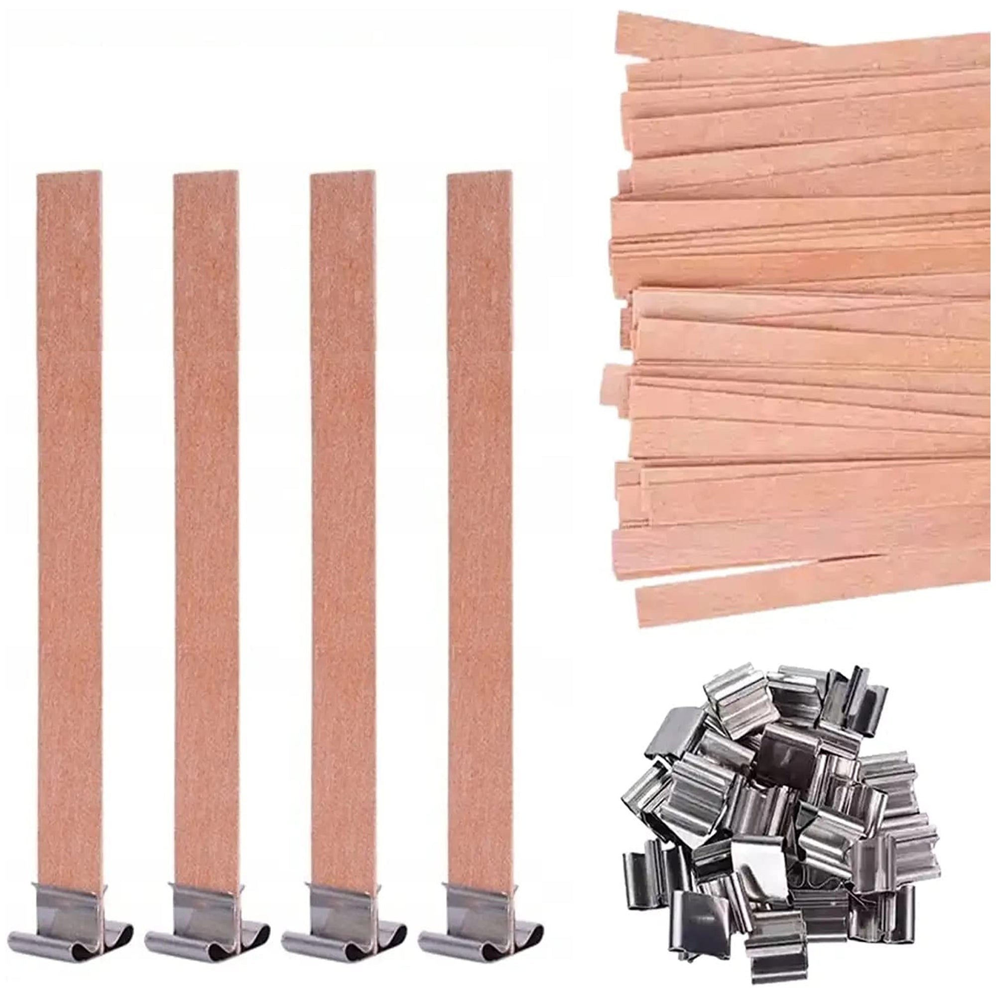 Woodberg - كيس فتايل شمع خشب 10 حبات مع 10 قواعد معدن طول 13 سم عرض 1 سم