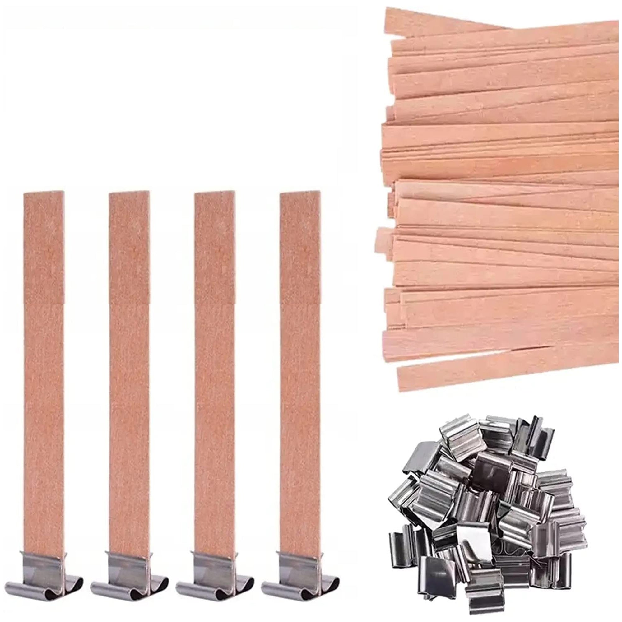 Woodberg - كيس فتايل شمع خشب 10 حبات مع 10 قواعد معدن طول 9 سم عرض 0.8 سم