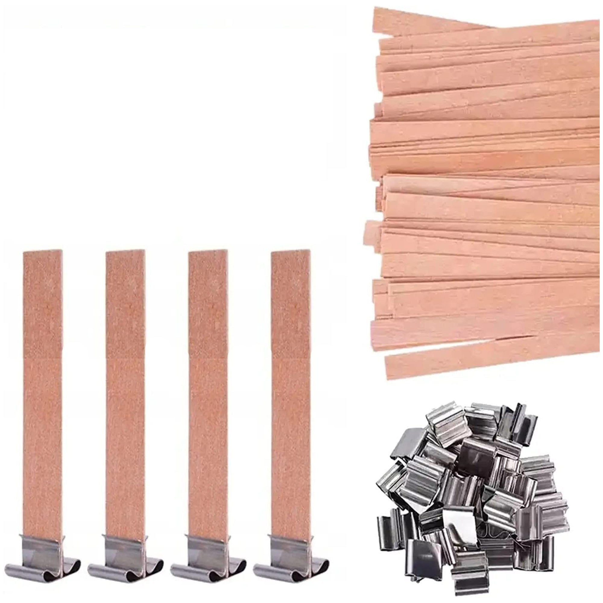 Woodberg - كيس فتايل شمع خشب 10 حبات مع 10 قواعد معدن طول 6 سم عرض 1.3 سم
