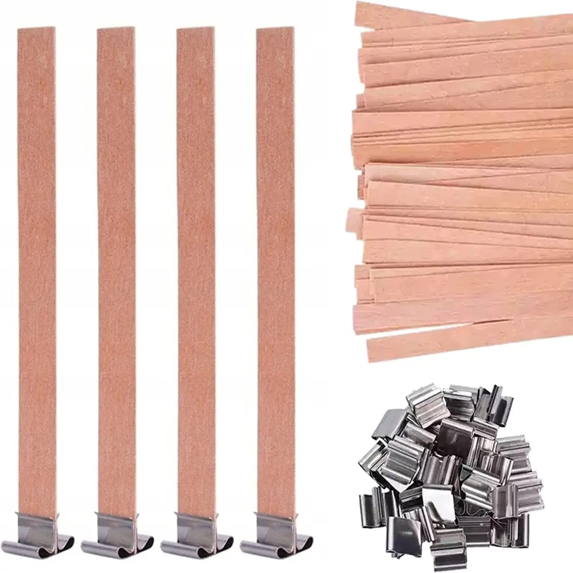 Woodberg - كيس فتايل شمع خشب 10 حبات مع 10 قواعد معدن طول 15 سم عرض 1.5 سم