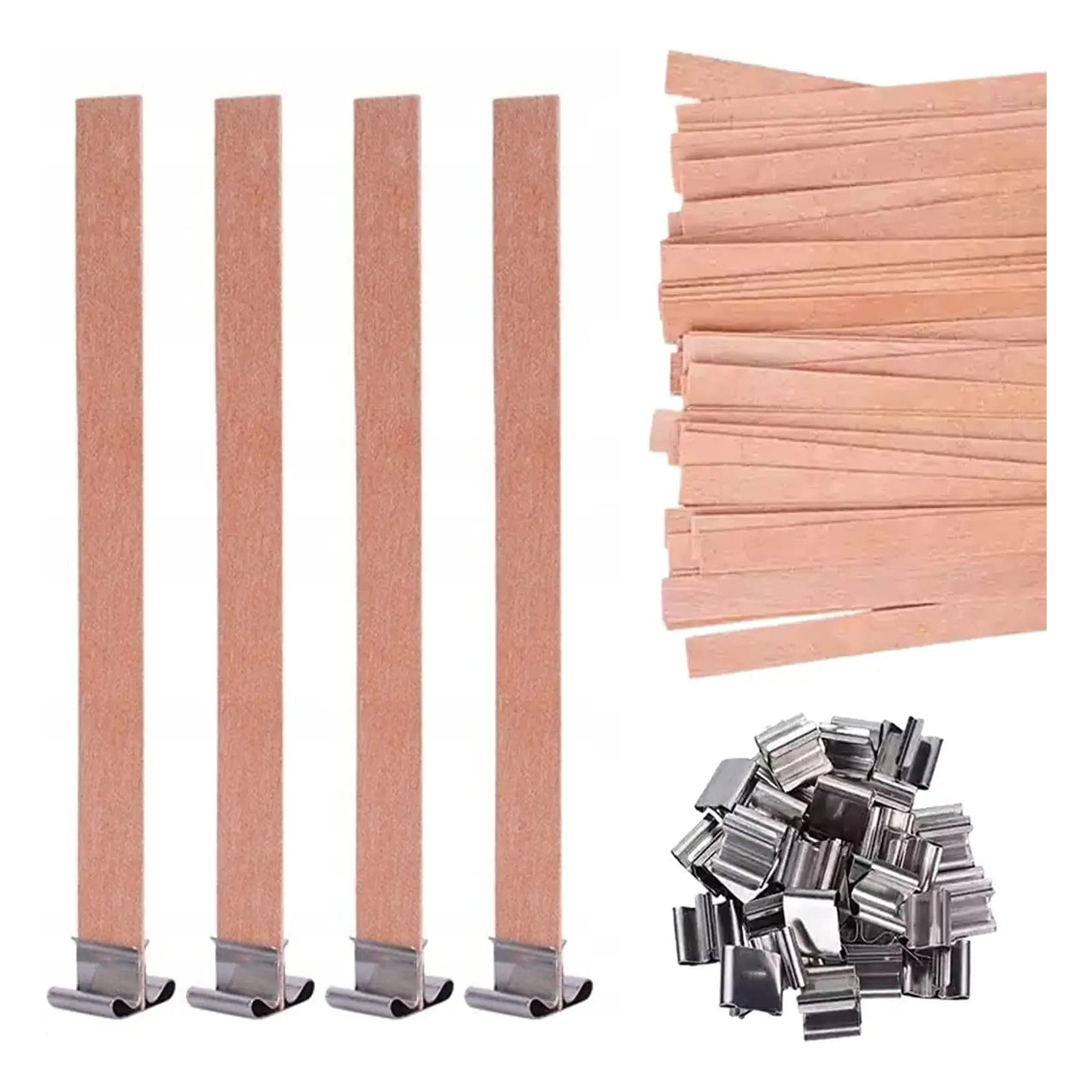 Woodberg - كيس فتايل شمع خشب 10 حبات مع 10 قواعد معدن طول 15 سم عرض 1.25 سم