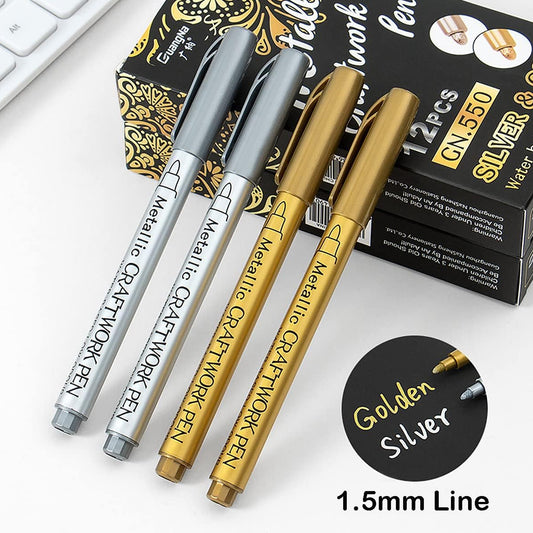 مجموعة توفيرية - أقلام تحديد ميتاليك شديدة اللمعان باللونين الذهبي و الفضي