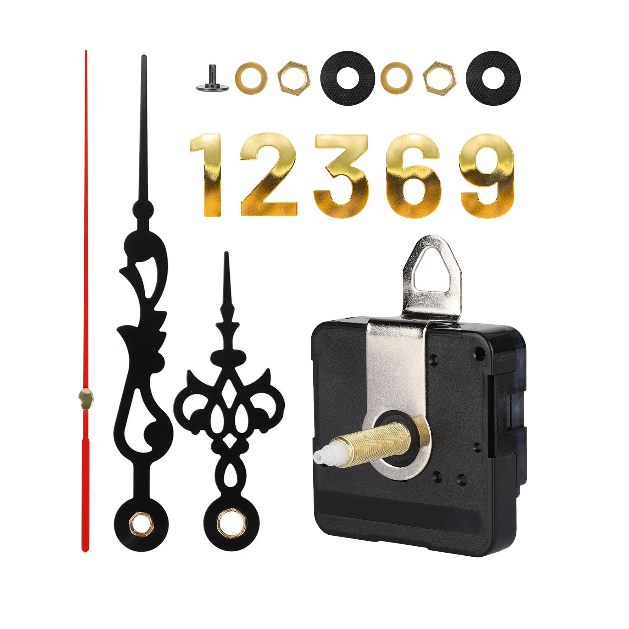 Woodberg - باكيج آلية الساعة (مُحرك الساعة + عقارب الساعة) مع أرقام ذهبية لصنع الساعات 