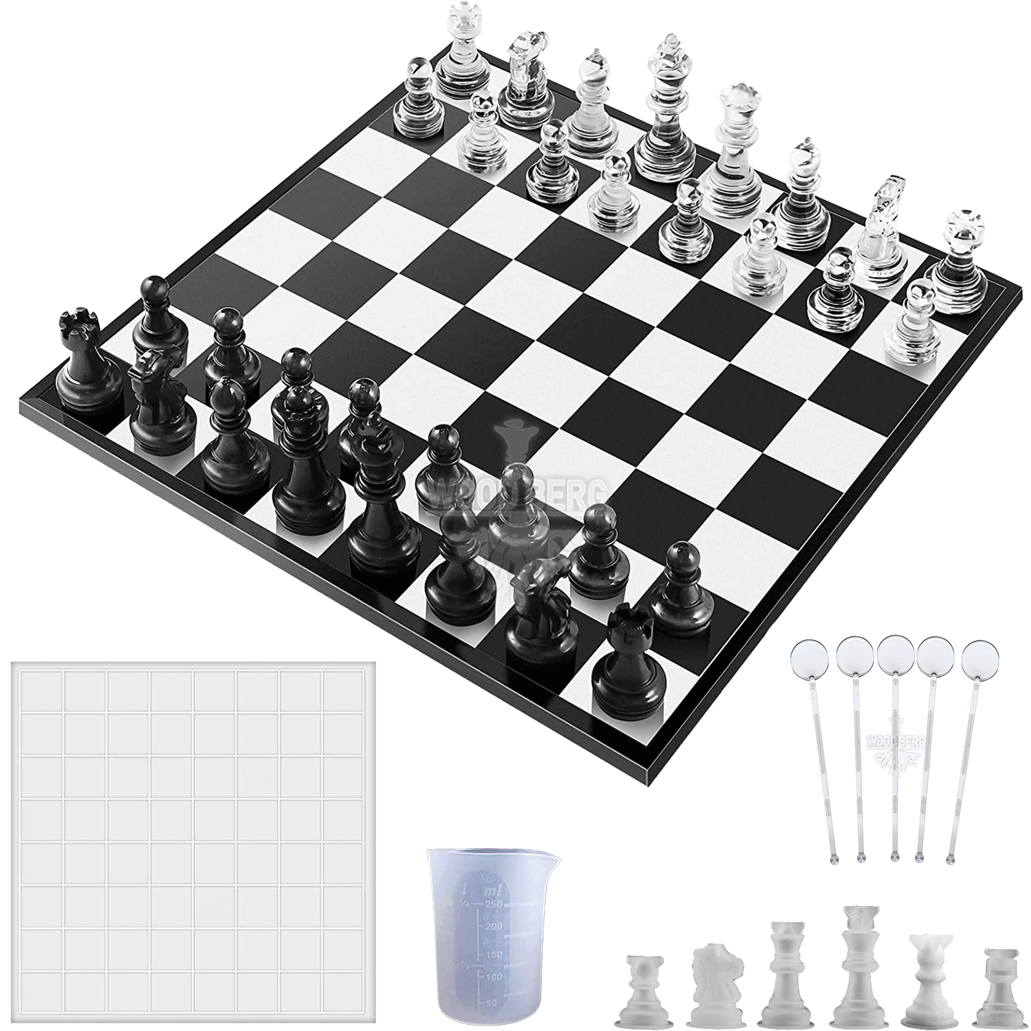 مجموعة 13 قطعة - قالب ريزن لوح شطرنج ثلاثي الأبعاد و 5 عصي خلط بلاستيكية و كاسة سيليكون للخلط - Woodberg